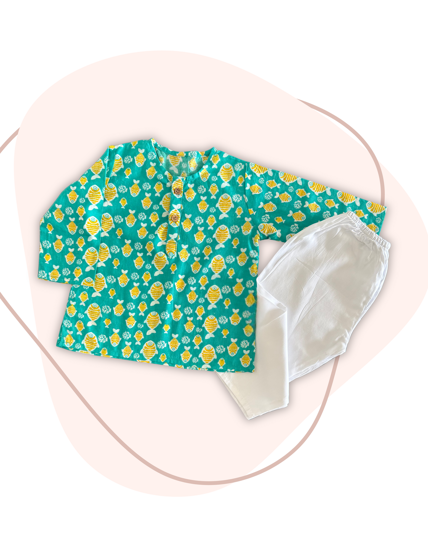 Sea green fish print Kurta Set