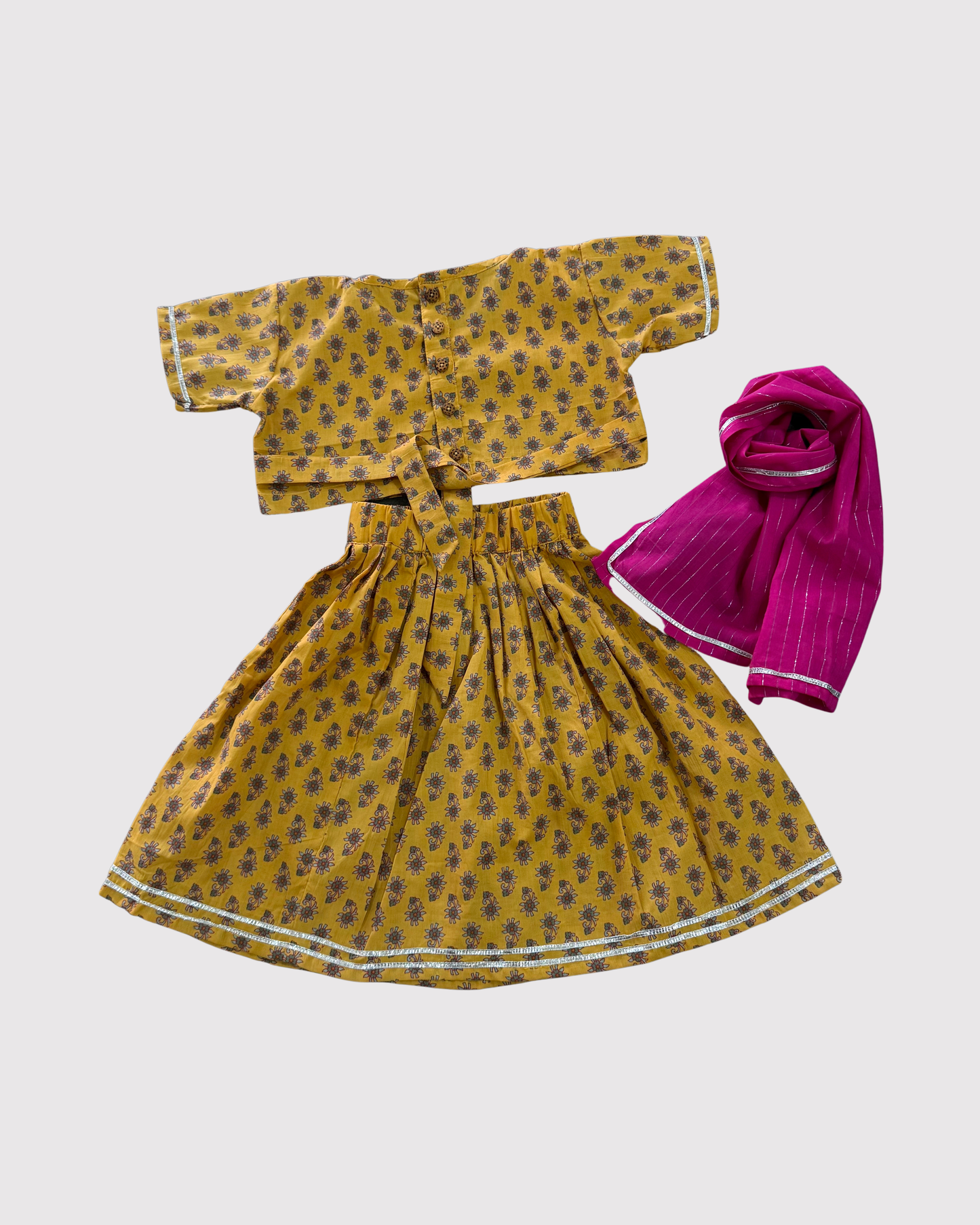 Yellow with Pink Motif Lehenga Set