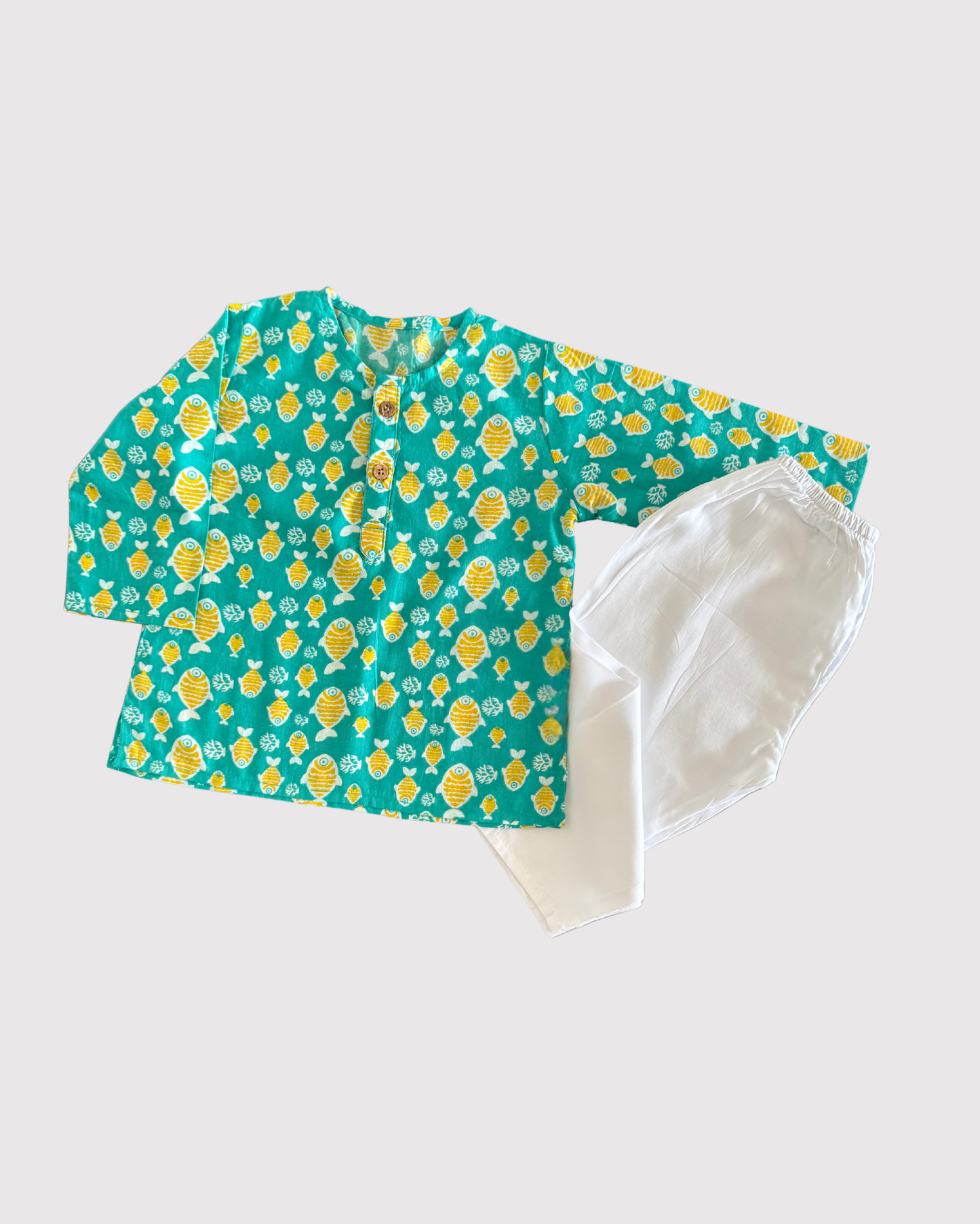 Sea green fish print Kurta Set