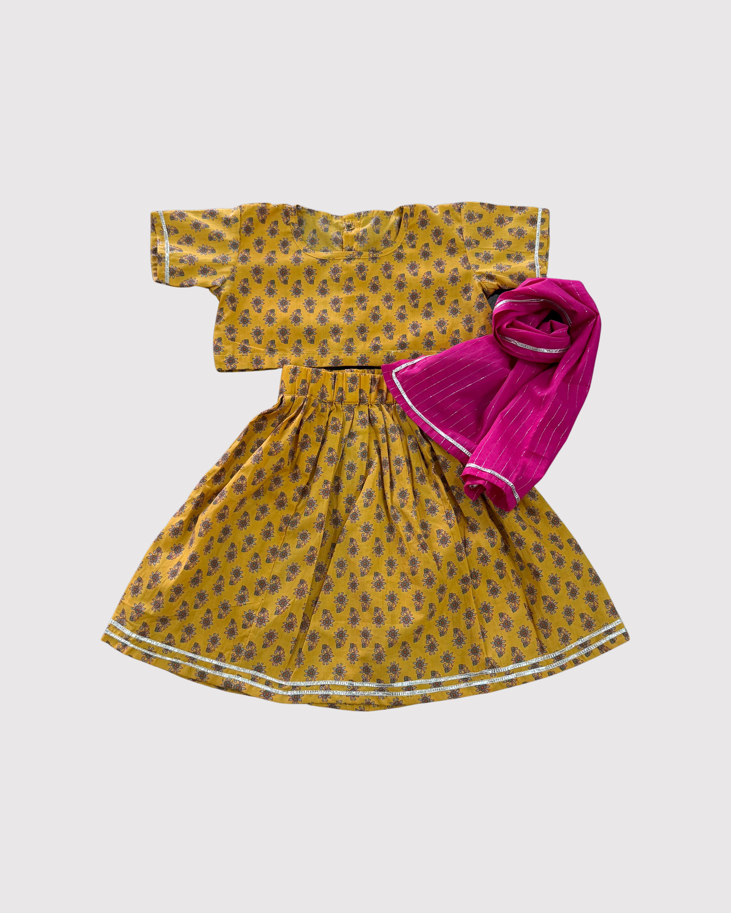Yellow with Pink Motif Lehenga Set