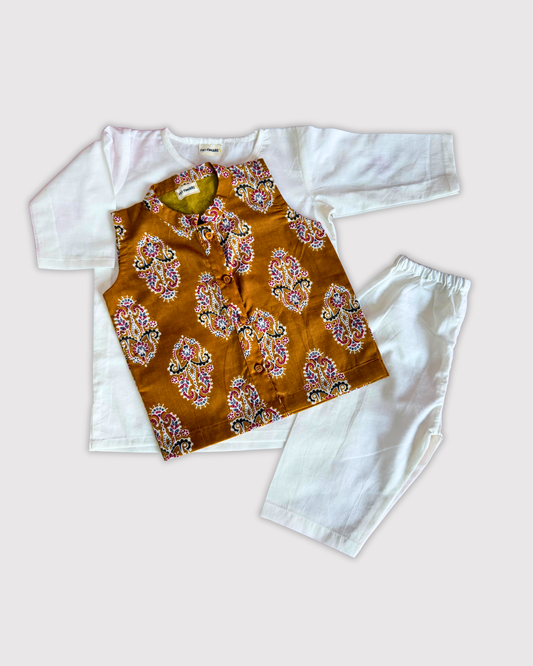 Mustard Off White Motif Nehru Jacket